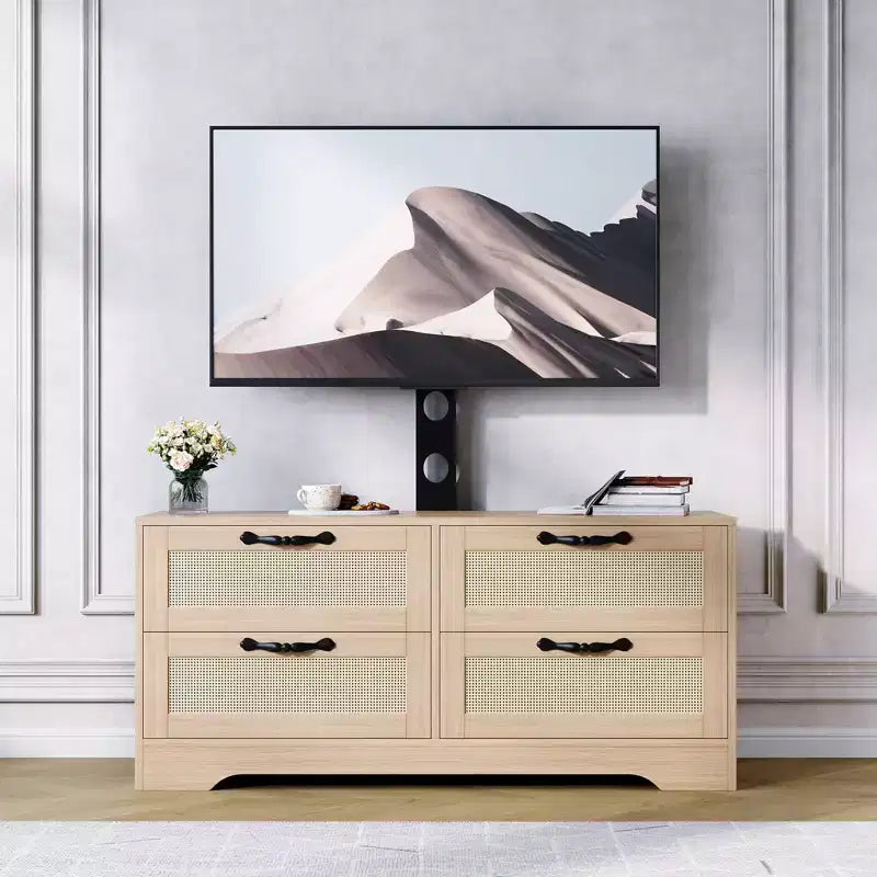 Meuble TV commode de style ferme beige/noir avec portes en rotin – Convient aux téléviseurs jusqu'à 70 po, assemblage à 2 personnes