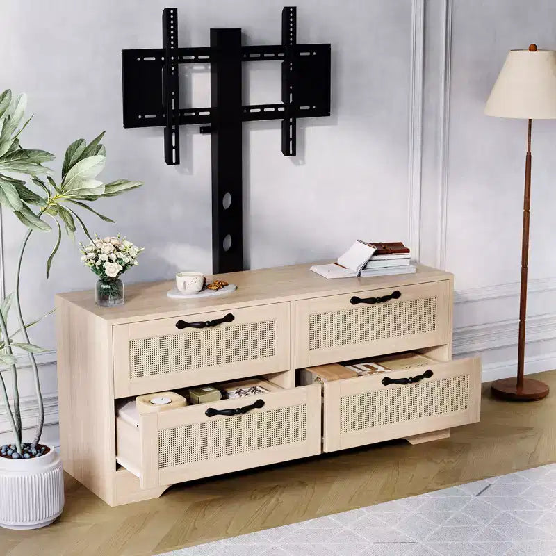 Meuble TV commode de style ferme beige/noir avec portes en rotin – Convient aux téléviseurs jusqu'à 70 po, assemblage à 2 personnes