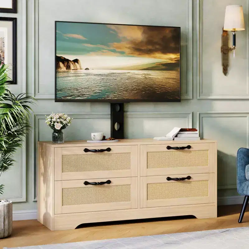 Meuble TV commode de style ferme beige/noir avec portes en rotin – Convient aux téléviseurs jusqu'à 70 po, assemblage à 2 personnes