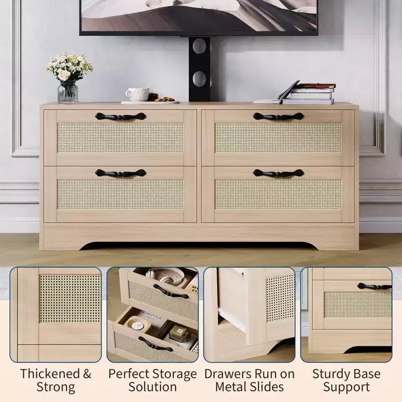 Meuble TV commode de style ferme beige/noir avec portes en rotin – Convient aux téléviseurs jusqu'à 70 po, assemblage à 2 personnes