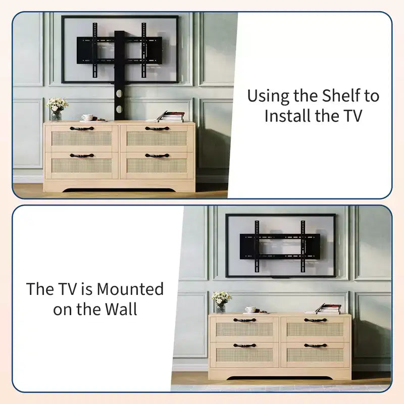 Meuble TV commode de style ferme beige/noir avec portes en rotin – Convient aux téléviseurs jusqu'à 70 po, assemblage à 2 personnes