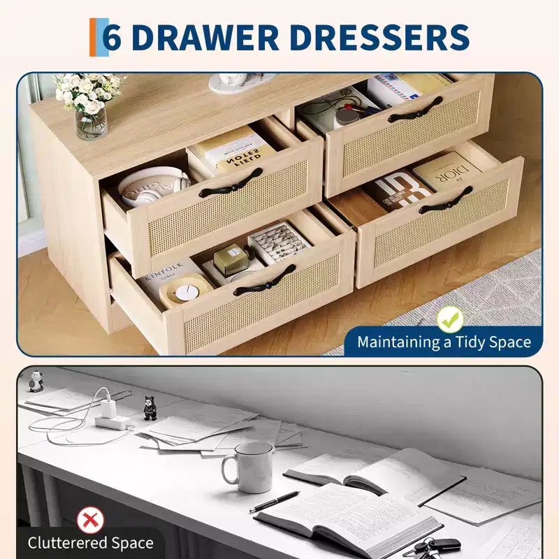 Meuble TV commode de style ferme beige/noir avec portes en rotin – Convient aux téléviseurs jusqu'à 70 po, assemblage à 2 personnes