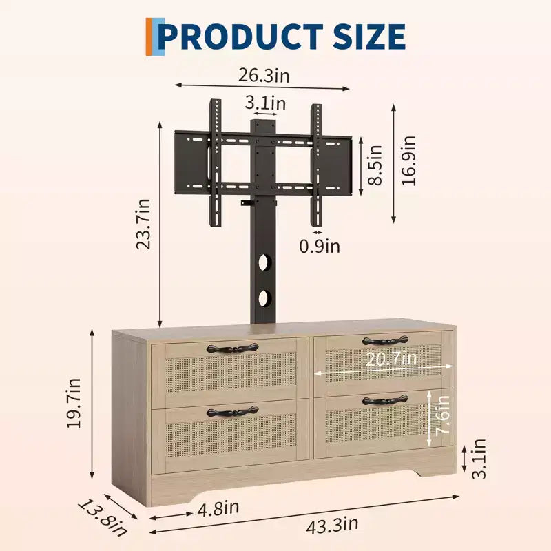 Meuble TV commode de style ferme beige/noir avec portes en rotin – Convient aux téléviseurs jusqu'à 70 po, assemblage à 2 personnes