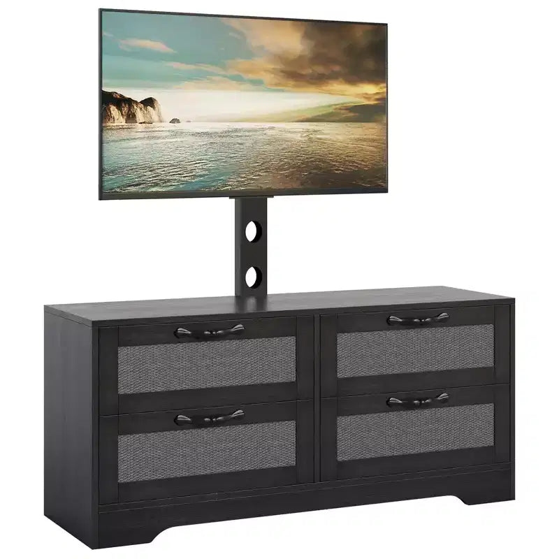 Meuble TV commode de style ferme beige/noir avec portes en rotin – Convient aux téléviseurs jusqu'à 70 po, assemblage à 2 personnes