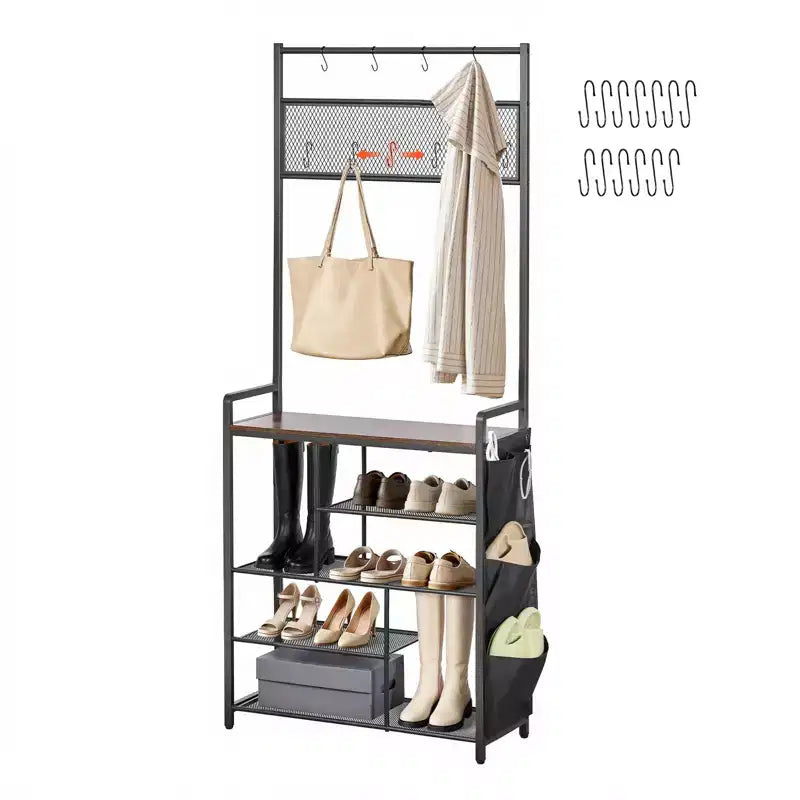 VEVOR Hall Tree, 70.9 in Coat Rack with Shoe Storage, Freestanding 4-Tier Shoe Rack Organizer with Hooks, Side Pocket and Wire Shelf, Brown & Black