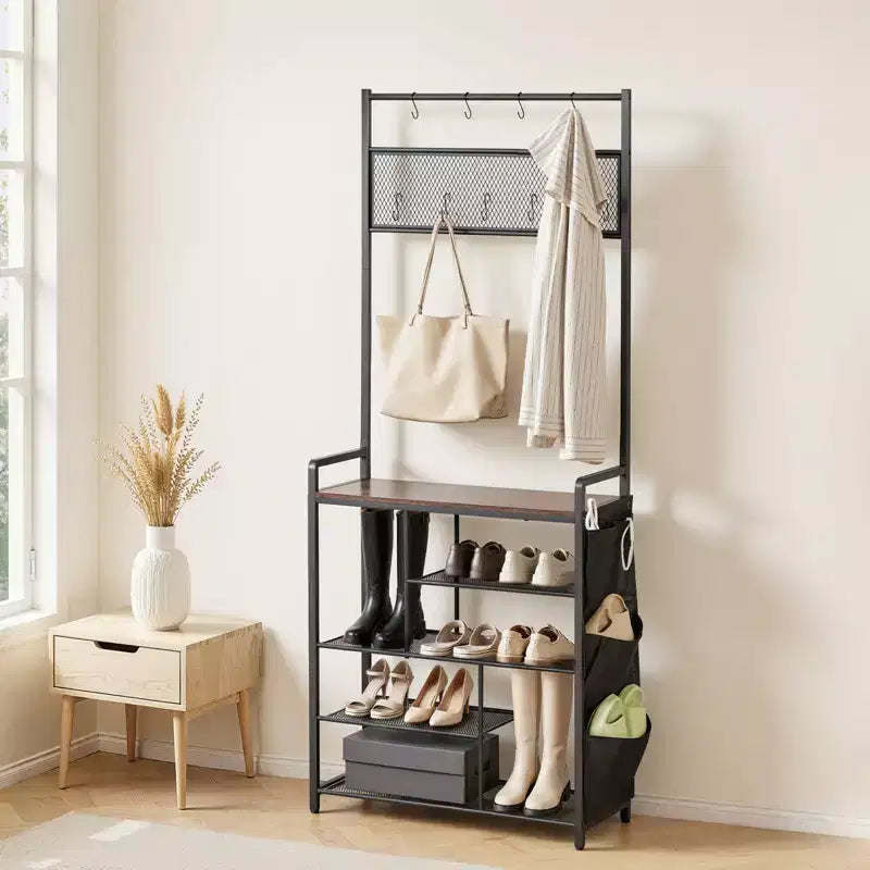 Arbre d'entrée sur pied marron et noir, étagère à chaussures à 4 niveaux avec crochets, simple