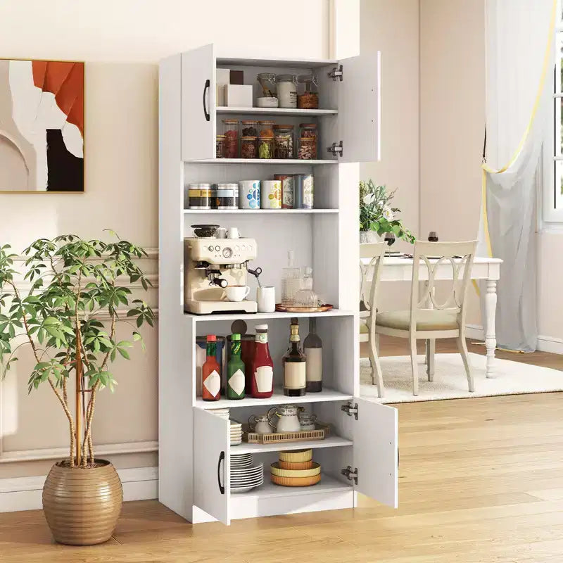 Armoire de cuisine blanche avec station de recharge, 4 portes, étagères réglables
