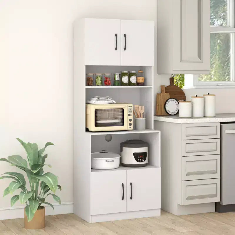 Armoire de cuisine blanche avec station de recharge, 4 portes, étagères réglables