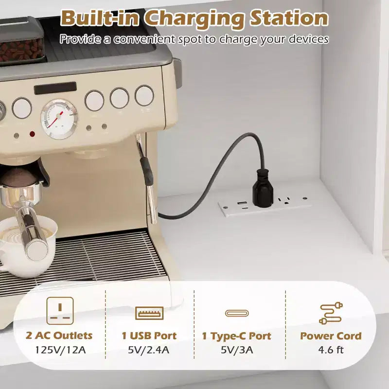 Armoire de cuisine blanche avec station de recharge, 4 portes, étagères réglables