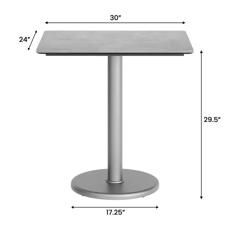 Table de bistrot rectangulaire pour 2 personnes, plateau aspect béton gris/marron foncé et piètement argenté