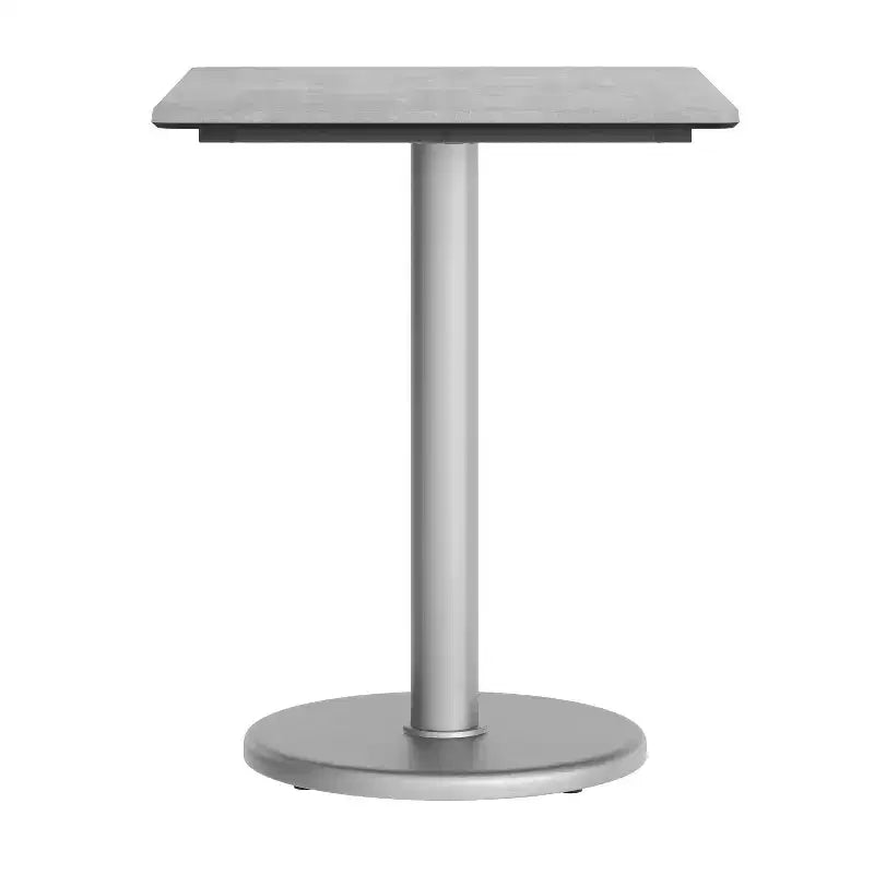 Table de bistrot rectangulaire pour 2 personnes, plateau aspect béton gris/marron foncé et piètement argenté