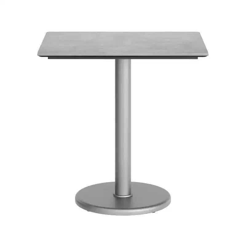 Table de bistrot rectangulaire pour 2 personnes, plateau aspect béton gris/marron foncé et piètement argenté