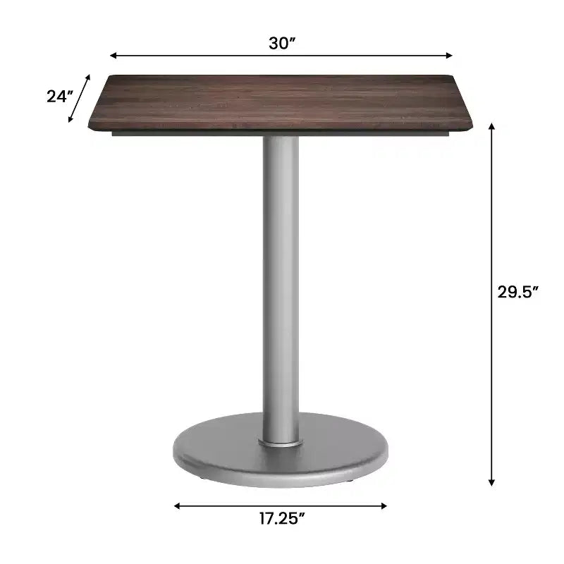 Table de bistrot rectangulaire pour 2 personnes, plateau aspect béton gris/marron foncé et piètement argenté