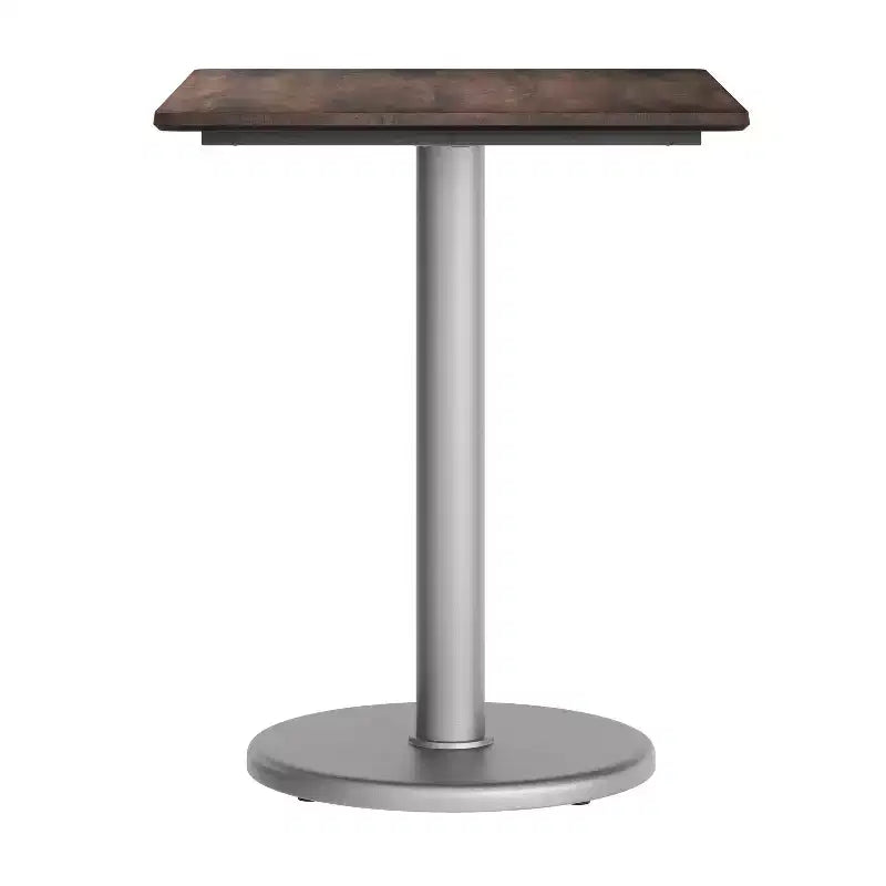 Table de bistrot rectangulaire pour 2 personnes, plateau aspect béton gris/marron foncé et piètement argenté