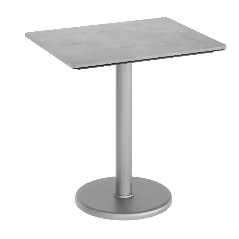 Table de bistrot rectangulaire pour 2 personnes, plateau aspect béton gris/marron foncé et piètement argenté