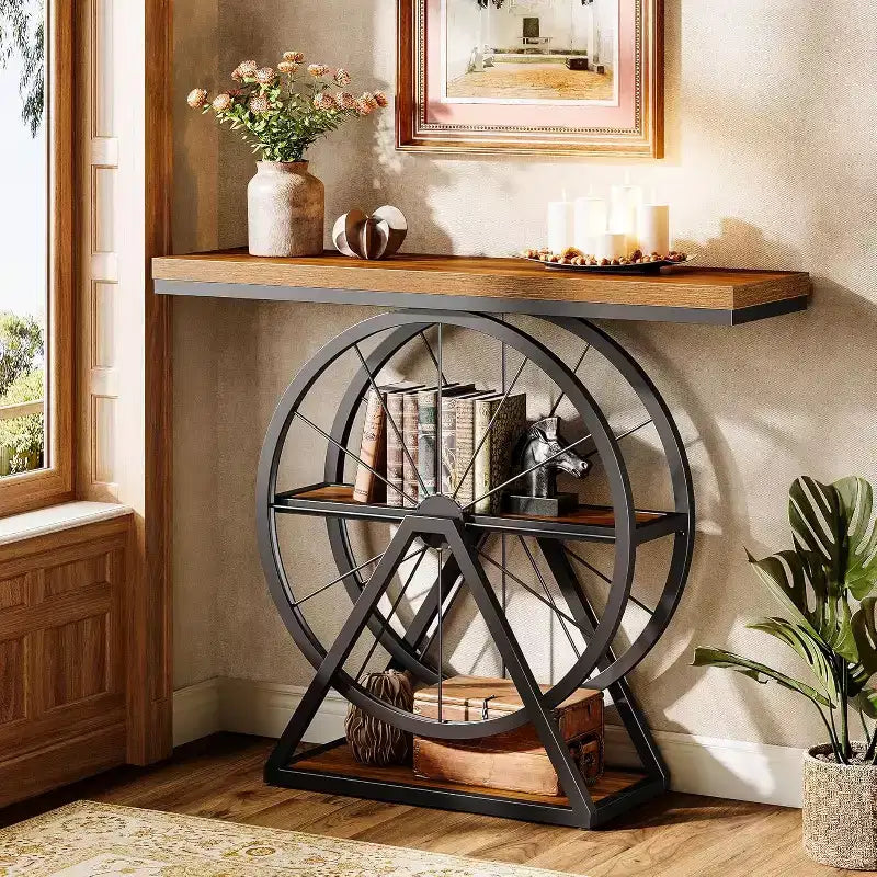 Console industrielle marron, 3 niveaux, 1 personne, design roue de vélo