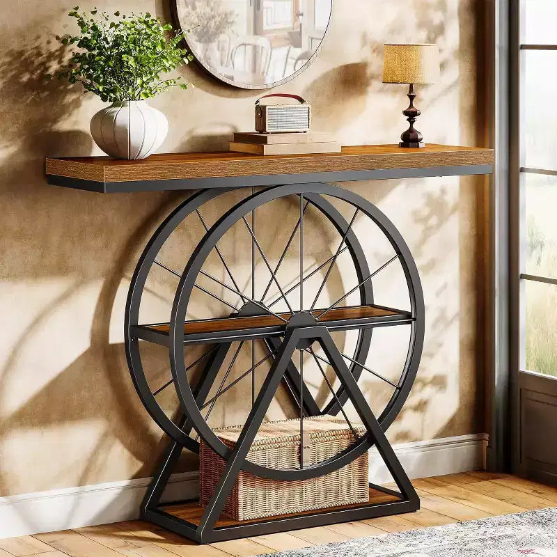 Console industrielle marron, 3 niveaux, 1 personne, design roue de vélo