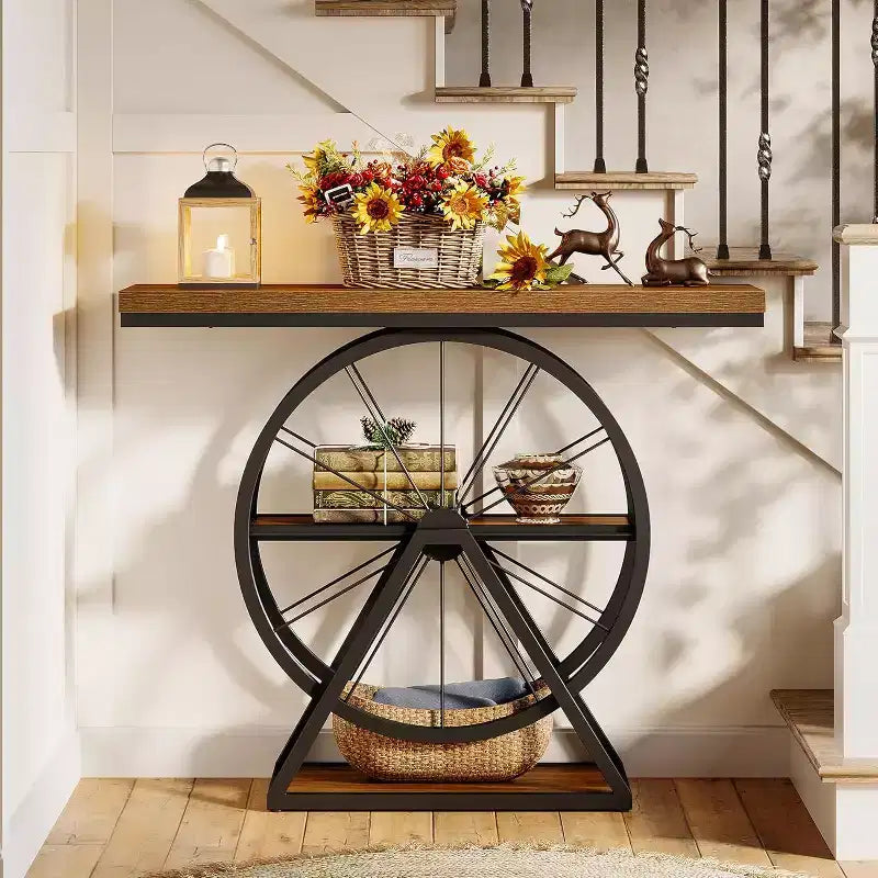 Console industrielle marron, 3 niveaux, 1 personne, design roue de vélo