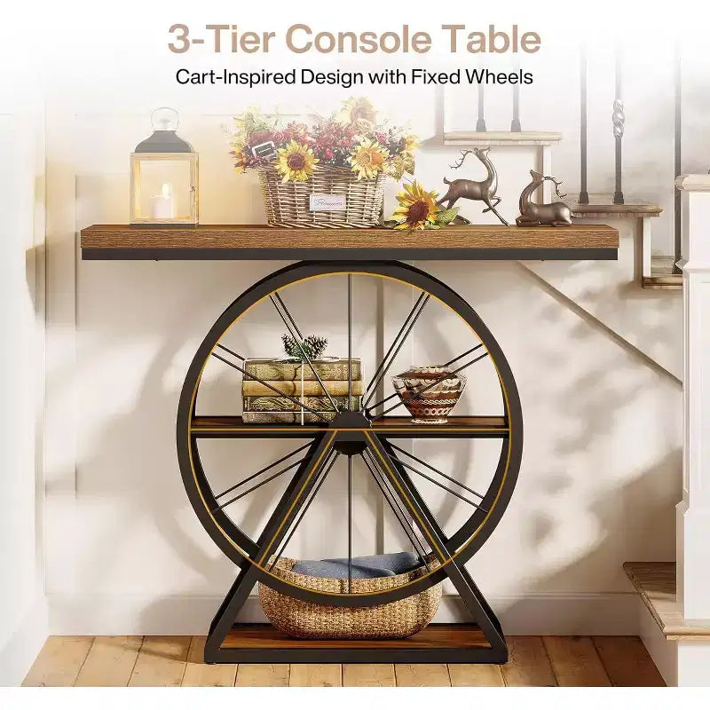 Console industrielle marron, 3 niveaux, 1 personne, design roue de vélo