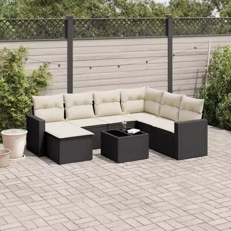 Canapé de jardin modulable noir et blanc crème, 7 places