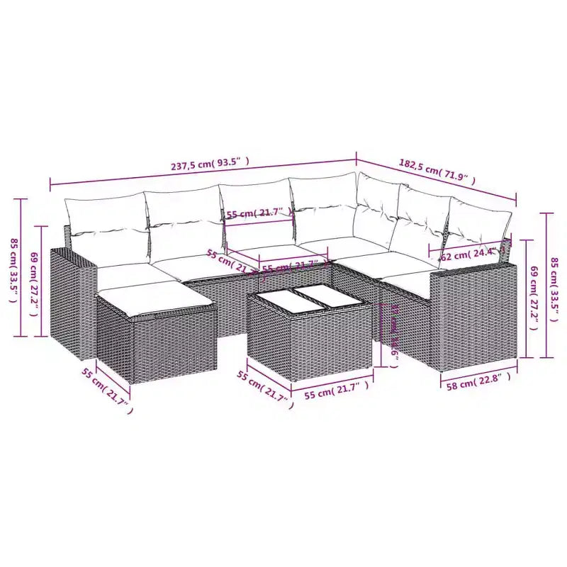 Canapé de jardin modulable noir et blanc crème, 7 places