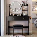 17-Inch Luxury Makeup Vanity Desk with LED Mirror, Organized Storage, Built-In Power Hub, Hair Dryer Stand, and Matching Stool for Bedroom