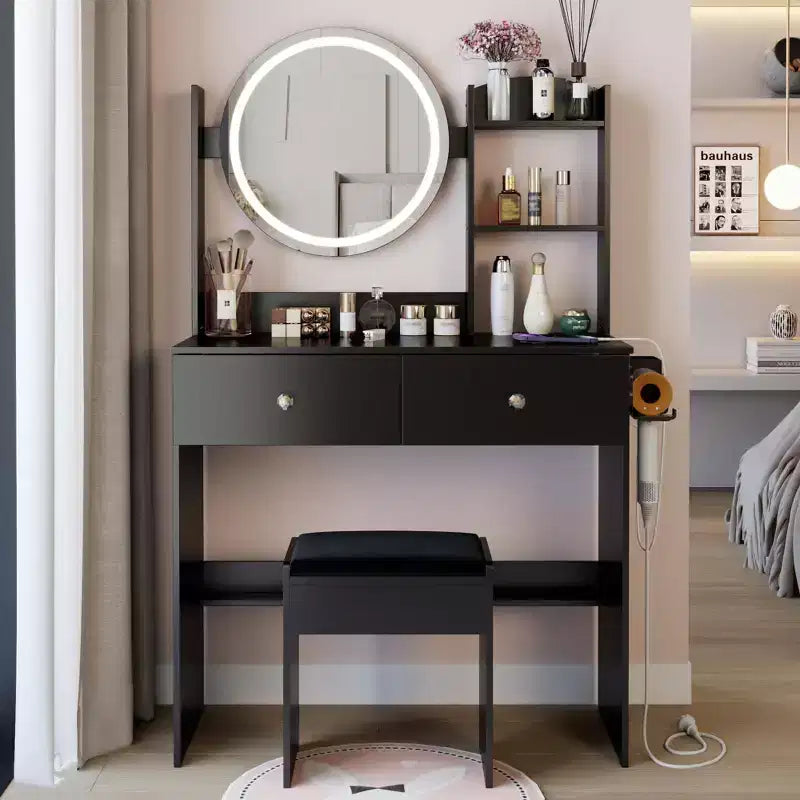 17-Inch Luxury Makeup Vanity Desk with LED Mirror, Organized Storage, Built-In Power Hub, Hair Dryer Stand, and Matching Stool for Bedroom