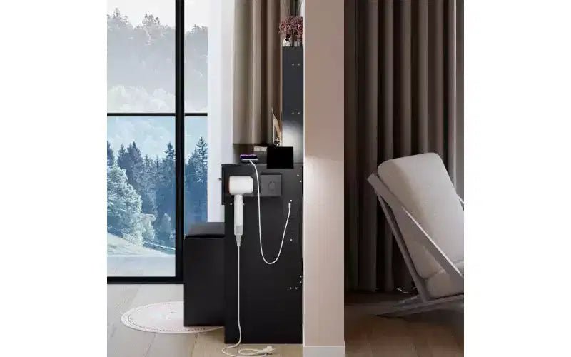 Coiffeuse noire à LED avec tabouret, 1 personne