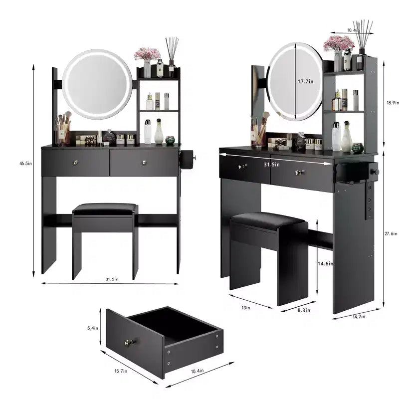 Coiffeuse noire à LED avec tabouret, 1 personne