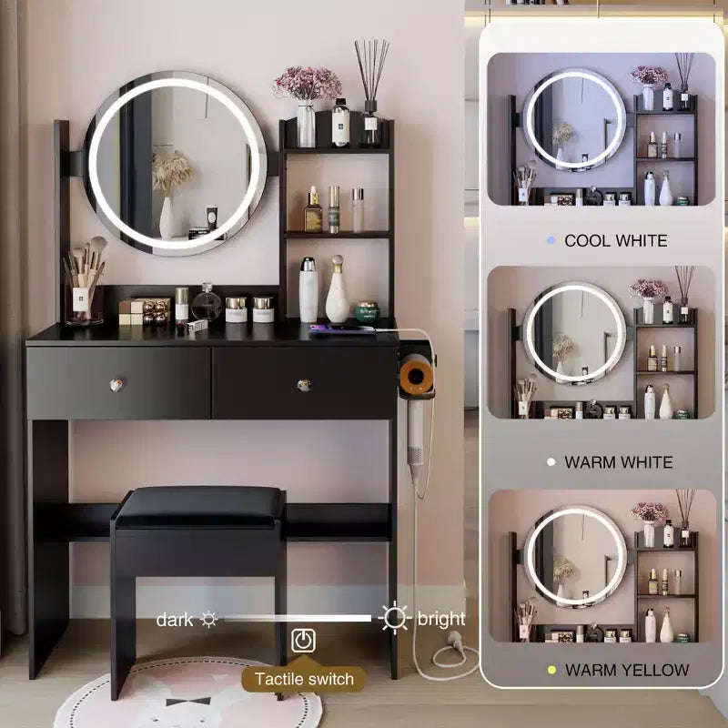 Coiffeuse noire à LED avec tabouret, 1 personne