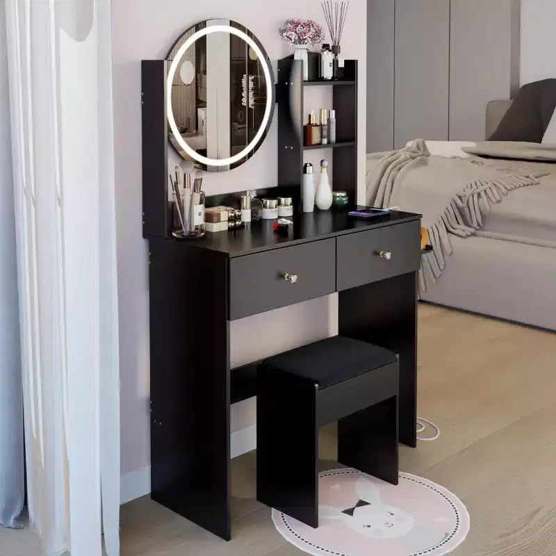 Coiffeuse noire à LED avec tabouret, 1 personne