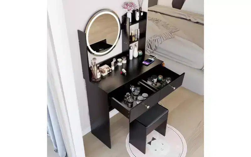 Coiffeuse noire à LED avec tabouret, 1 personne