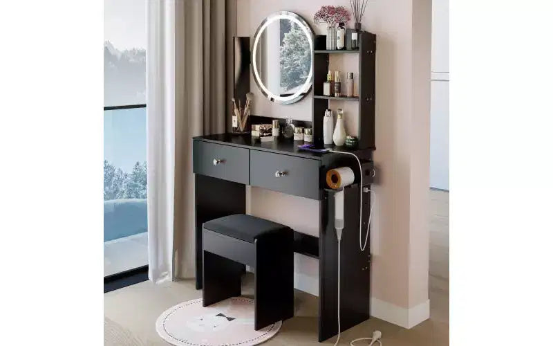 Coiffeuse noire à LED avec tabouret, 1 personne