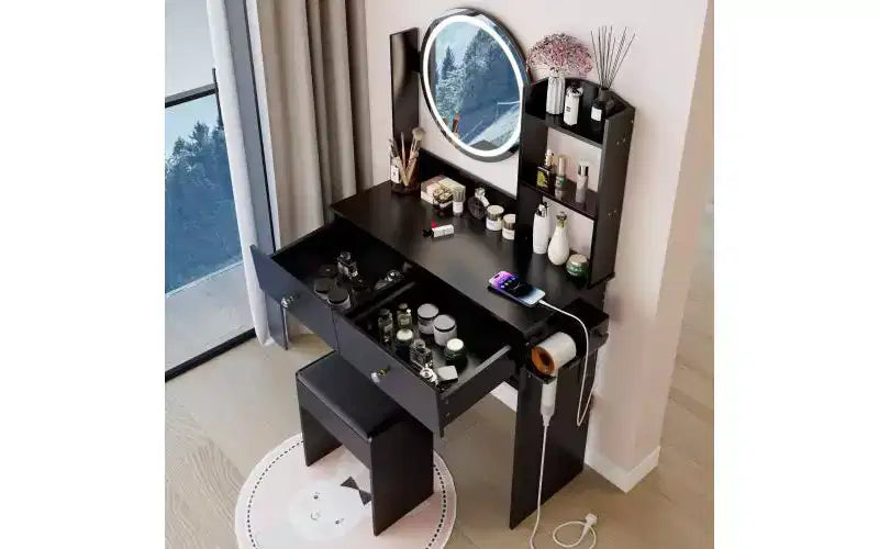 Coiffeuse noire à LED avec tabouret, 1 personne