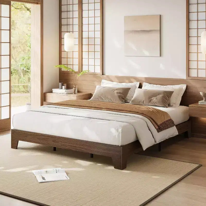 Wood Platform Bed Frame, Minimalist Bed with Wood Slats, Underbed Storage, No Box Spring Needed, Noise-Free & Easy Assembly, Walnut