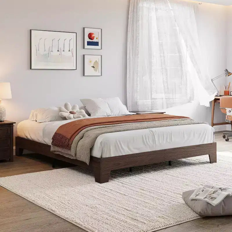 Cadre de lit plateforme en noyer, style minimaliste, pour 1 à 2 personnes