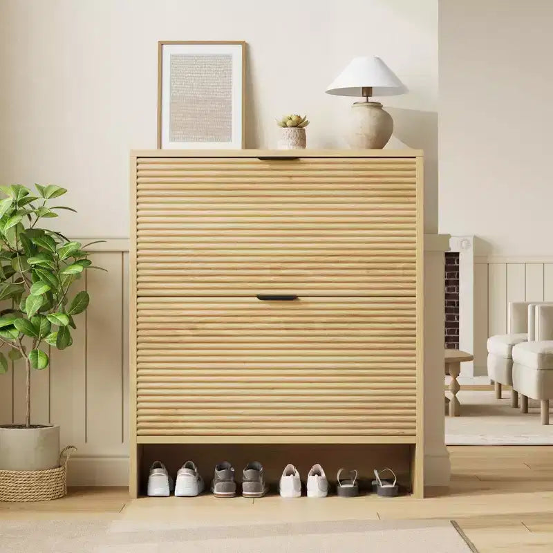 Fluted Shoe Cabinet with 2 Flip Drawers, Tall Freestanding Hidden Shoe Rack Organizer for Entryway, Hallway & Living Room