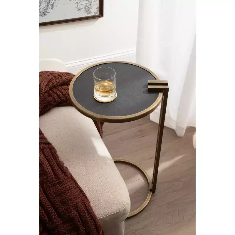 Table d'appoint ronde noire et dorée, piétement métallique, simple