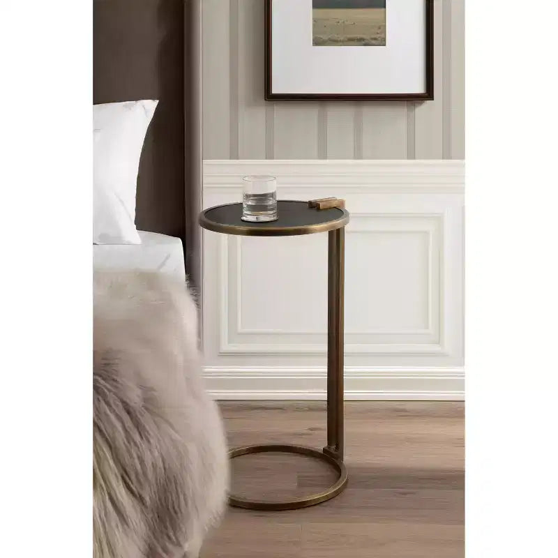 Table d'appoint ronde noire et dorée, piétement métallique, simple