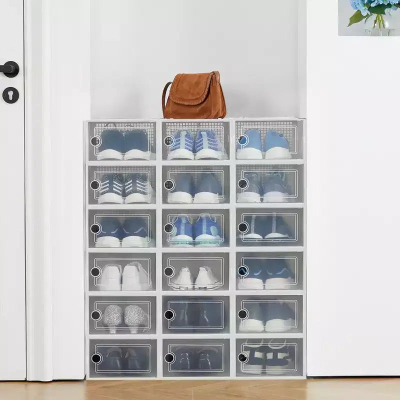 Boîte de rangement à chaussures empilable transparente, noir/blanc, lot de 18, convient jusqu'à la taille 48 pour hommes