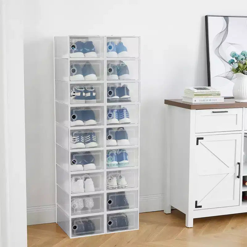 Boîte de rangement à chaussures empilable transparente, noir/blanc, lot de 18, convient jusqu'à la taille 48 pour hommes