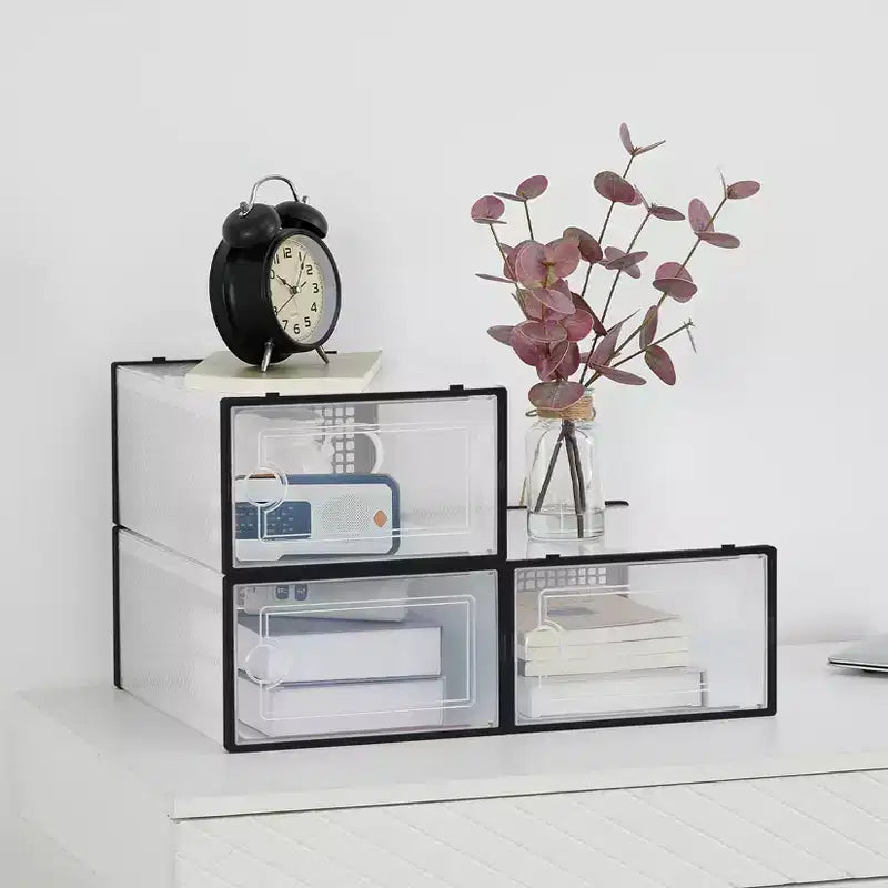 Boîte de rangement à chaussures empilable transparente, noir/blanc, lot de 18, convient jusqu'à la taille 48 pour hommes