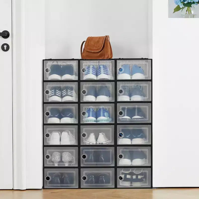 Boîte de rangement à chaussures empilable transparente, noir/blanc, lot de 18, convient jusqu'à la taille 48 pour hommes