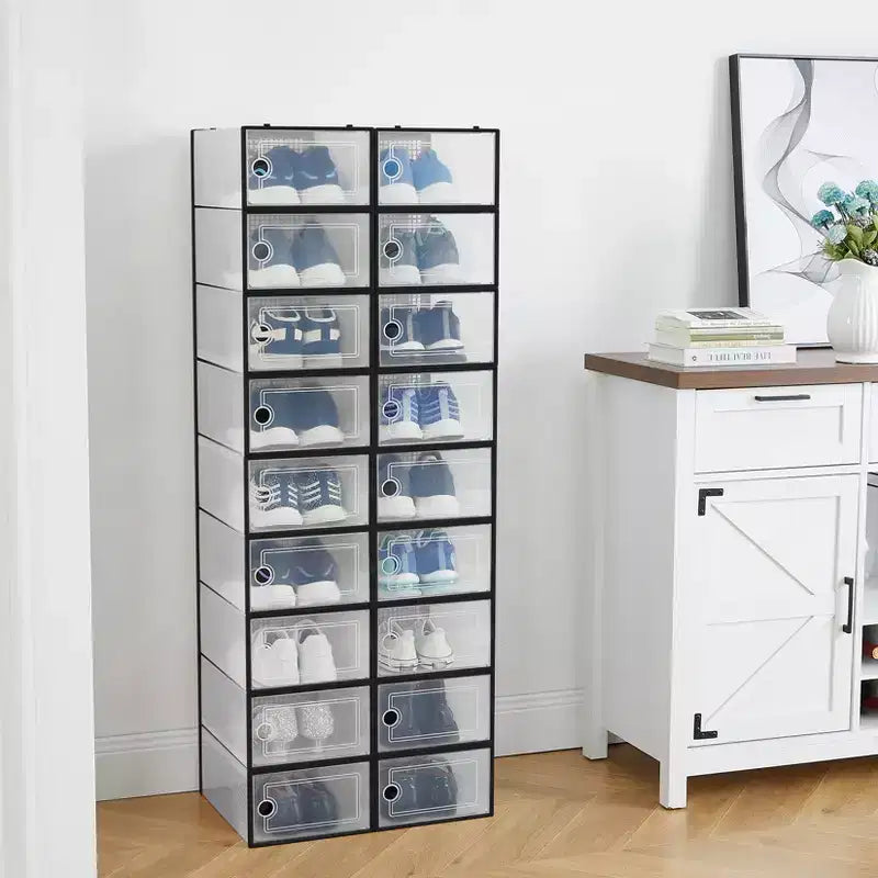 Boîte de rangement à chaussures empilable transparente, noir/blanc, lot de 18, convient jusqu'à la taille 48 pour hommes