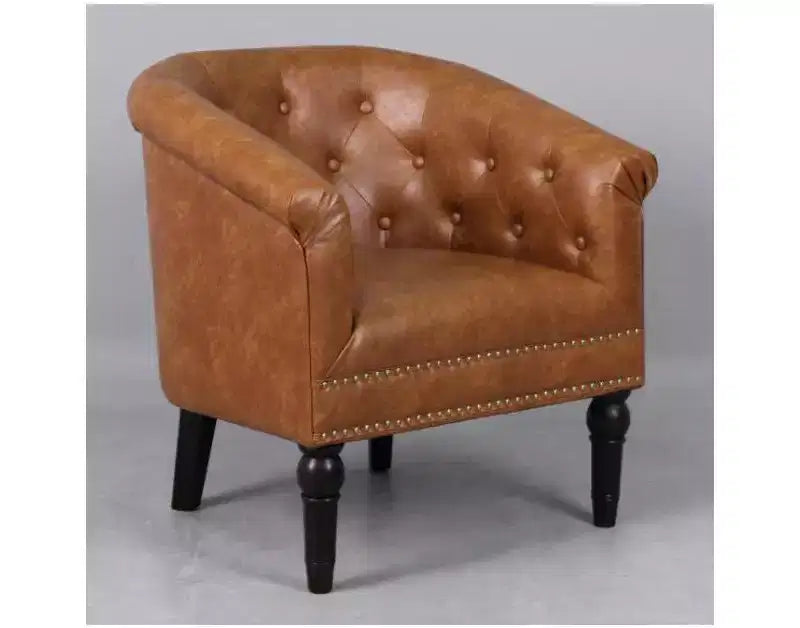 Faux Leather Barrel Accent Chair, Tufted Back with Nailhead Trim, Comfy Upholstered Bucket Chair for Living Room Bedroom Home Office
