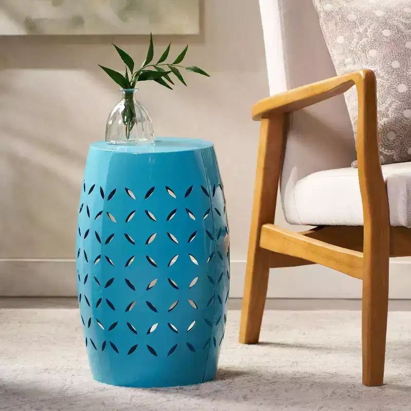 Table d'appoint industrielle cylindrique bleue, Table de bout en fer pour 1