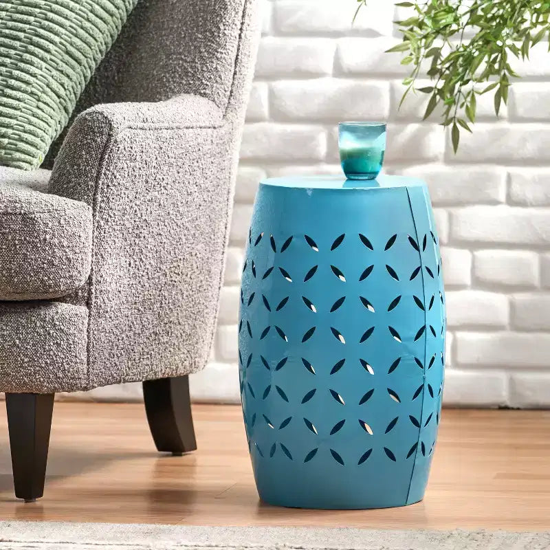 Table d'appoint industrielle cylindrique bleue, Table de bout en fer pour 1