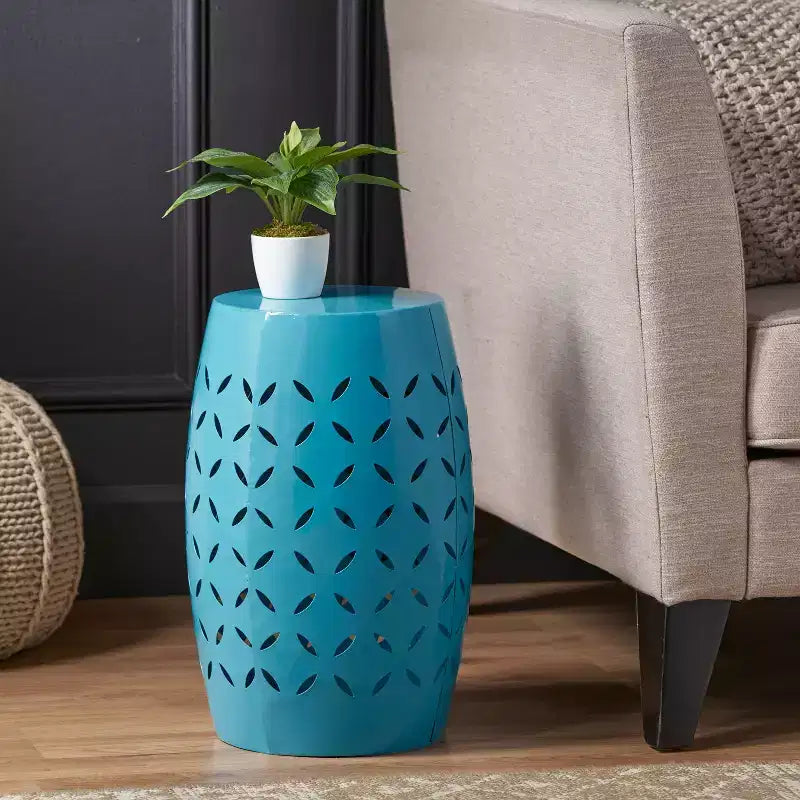 Table d'appoint industrielle cylindrique bleue, Table de bout en fer pour 1