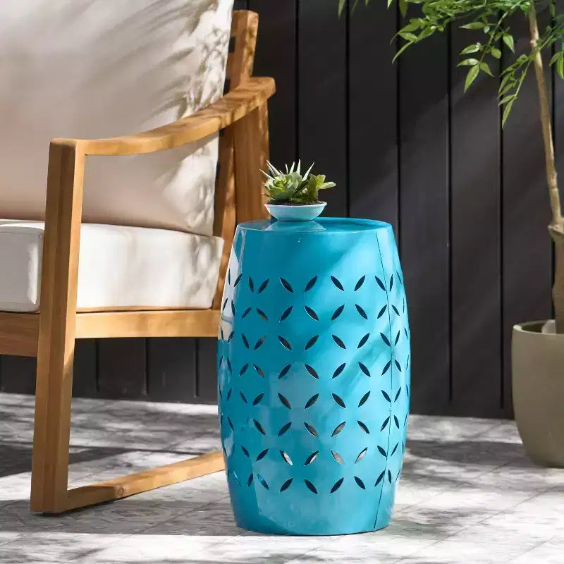 Table d'appoint industrielle cylindrique bleue, Table de bout en fer pour 1