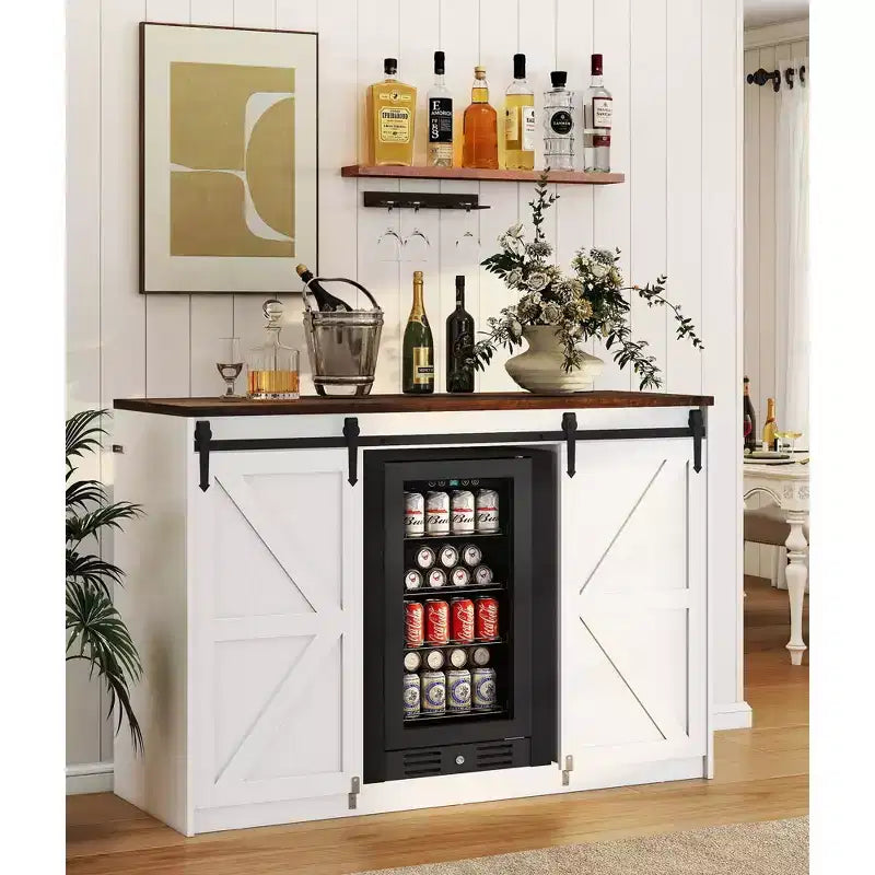 Skyzoo Mini Fridge Cabinet with Built-In Fridge Space, Farmhouse Coffee Bar Cabinet with Outlet, Mini Bar for Home